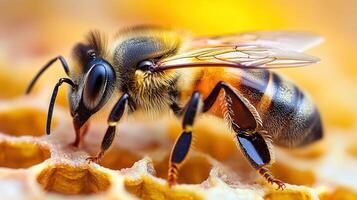 Close-up of honeybee on honeycomb. photo