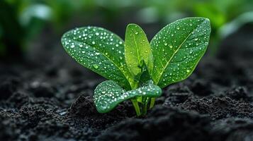 Dew-covered spinach seedling sprouting from dark soil. photo