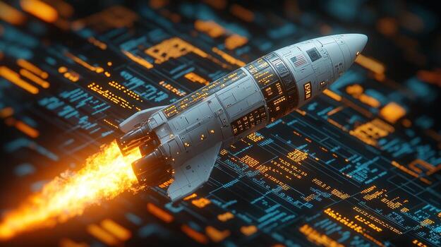 Futuristic rocket launching from digital surface. photo