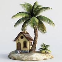 Cute cartoon house under palm tree. photo