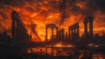Fiery sunset over ancient ruins. photo