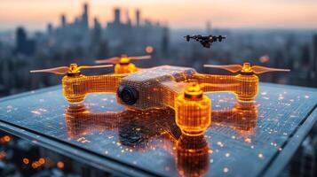 Futuristic drone on cityscape rooftop. photo