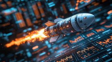 Futuristic rocket launching through digital data streams. photo