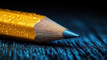 Close-up of a wet yellow pencil on dark wood. photo