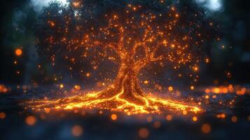 Fiery tree glowing at night. photo
