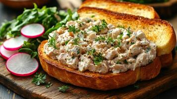 Creamy chicken salad sandwich on toasted bread with radish and greens. photo