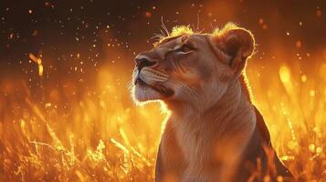 Fiery sunset illuminates a majestic lioness. photo