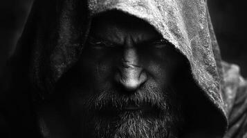 Angry hooded man, monochrome portrait. photo