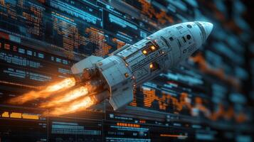Futuristic rocket launching through digital code. photo