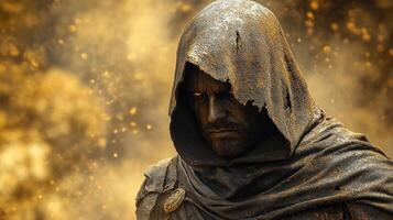 Dark hooded figure in fiery background. photo