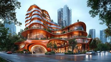 Futuristic copper building with integrated greenery. photo