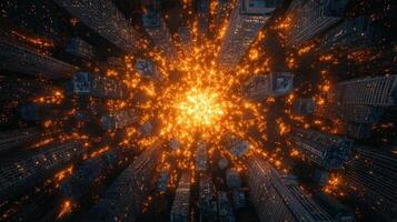 Aerial view of city glowing at night. photo