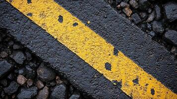 Diagonal yellow line on wet asphalt. photo