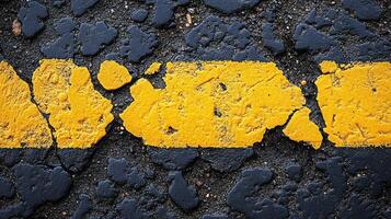 Cracked yellow line on asphalt. photo