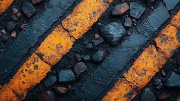 Diagonal yellow stripes on dark asphalt with rocks. photo