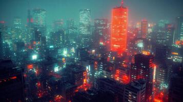 Foggy futuristic city at night with vibrant lights. photo