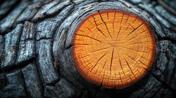 Close-up of a tree stump showing concentric rings and textured bark. photo