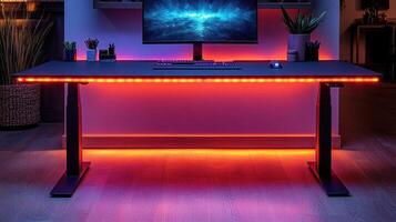 Electric standing desk with RGB lighting. photo