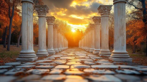 Autumn sunset path lined with ancient columns. photo