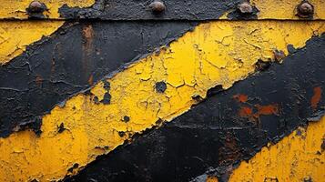 Close-up of weathered yellow and black striped metal. photo