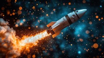 Rocket launching into space with fiery trail. photo