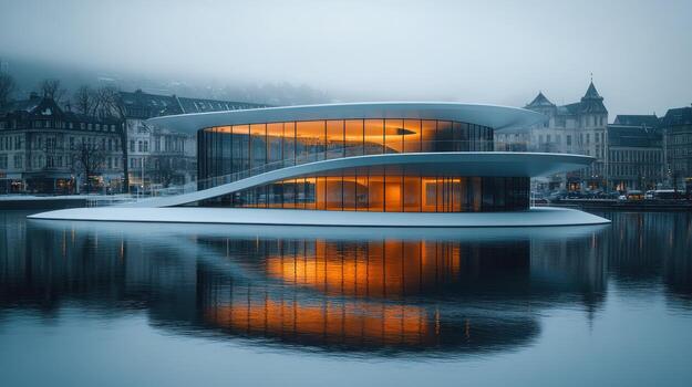 Modern architecture on waterfront at dawn. photo
