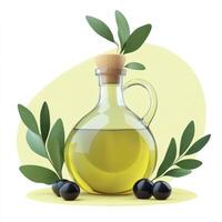Olive oil in glass bottle with olives and leaves. photo