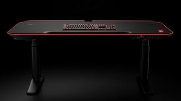 Modern black gaming desk with red LED lighting. photo