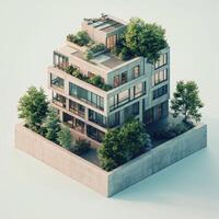 Modern eco-friendly apartment building with rooftop garden. photo