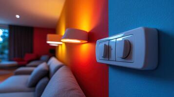 Modern living room with dimmer switch and colored walls. photo