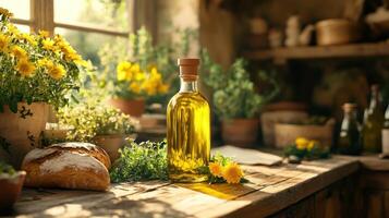 Rustic kitchen window, olive oil bottle, bread, herbs, flowers. photo