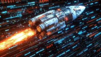Spaceship speeding through digital stream. photo
