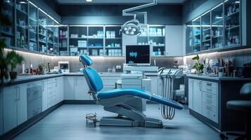 Modern, empty dental office with chair, equipment, and cabinets. photo