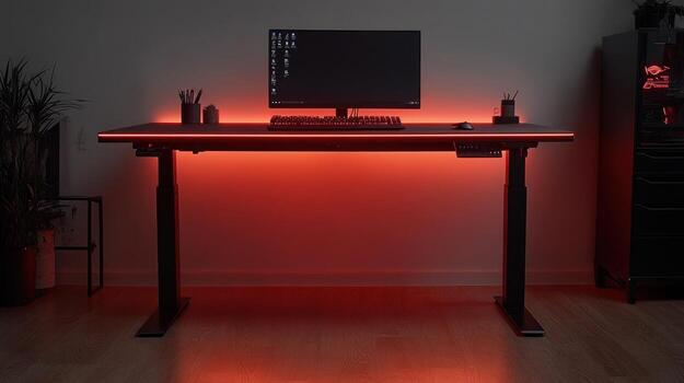 Red-lit electric standing desk with computer. photo