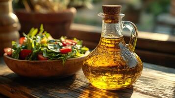 Rustic wooden table with a bowl of fresh salad and a glass decanter of golden oil. photo