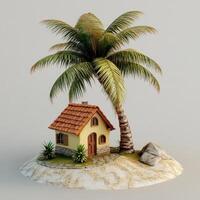 Small house under palm tree on island. photo