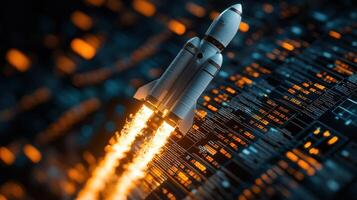Rocket launching from digital code. photo
