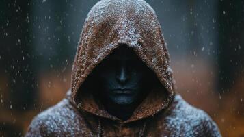 Snow-covered hooded figure in a dark forest. photo