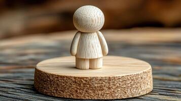 Small wooden figurine standing on a wooden platform. photo