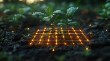Smart farming seedlings growing on a grid. photo
