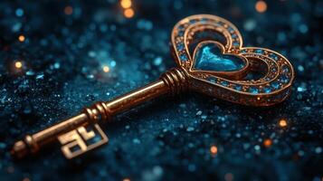 Ornate gold heart key with blue gemstone on dark sparkle background. photo