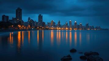 Night city skyline reflected in calm ocean. photo