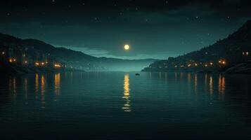 Night scene of a moonlit town on a calm lake. photo