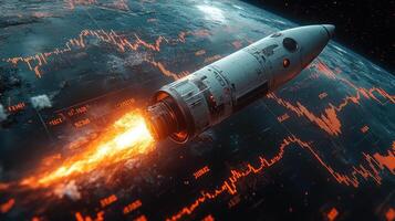 Rocket launching over Earth with financial data. photo