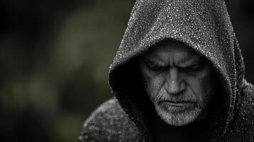 Pensive man in a rain-soaked hood. photo