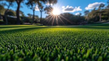 Sunlit artificial grass lawn in park. photo