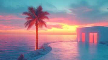 Tranquil sunset beach scene with palm tree and glowing minimalist house. photo