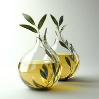 Two glass vessels filled with golden liquid and olive branches. photo