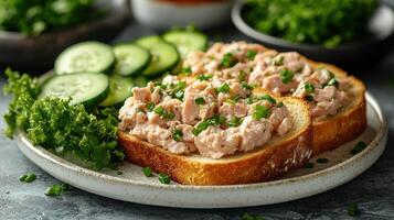 Two slices of bread topped with creamy fish salad and fresh chives, served with cucumber slices. photo
