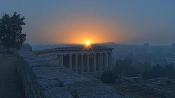 Sunrise over ancient Greek temple ruins. photo